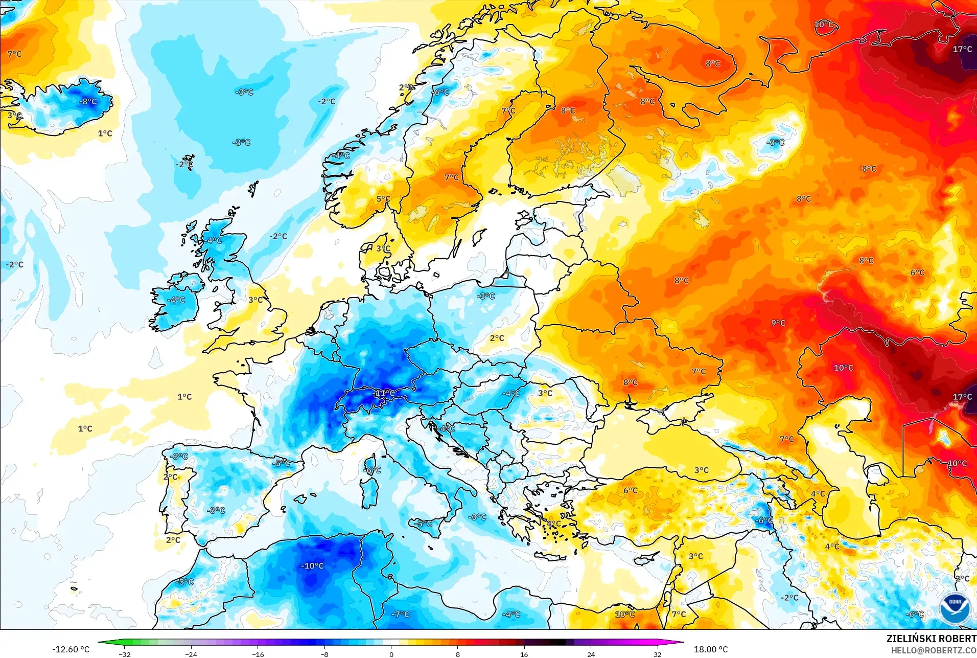 GFS model - Europe, Temperature at 2m Anomaly