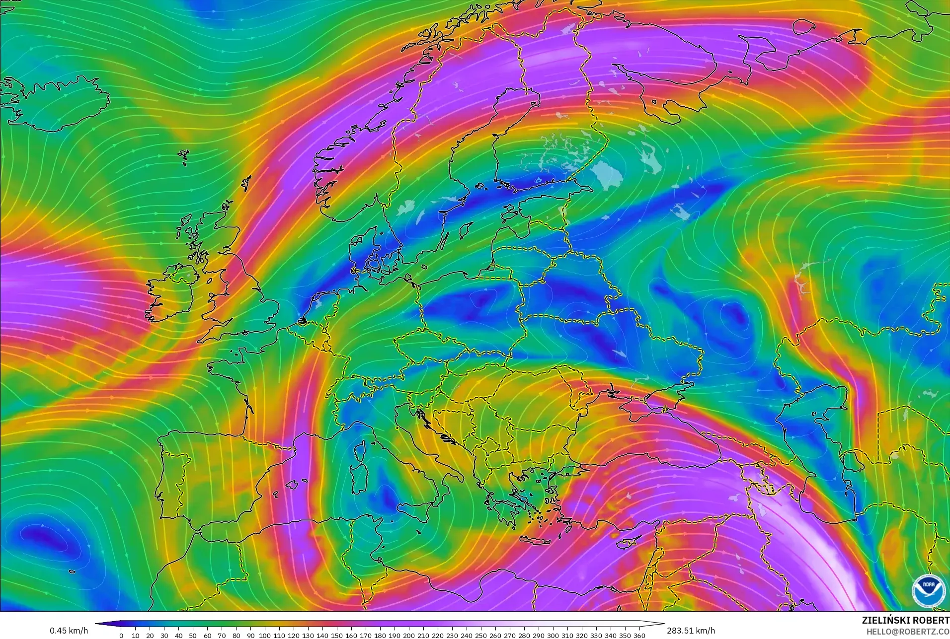 GFS model - Europe, Wind at 300hPa (jet stream)