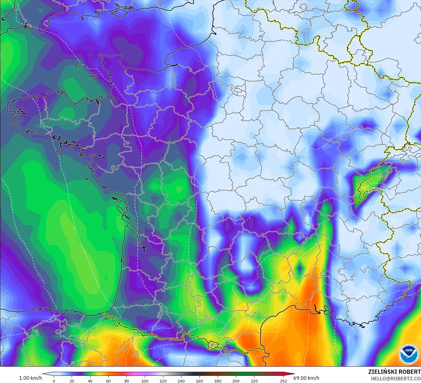 GFS model - France, Wind Gusts Peak