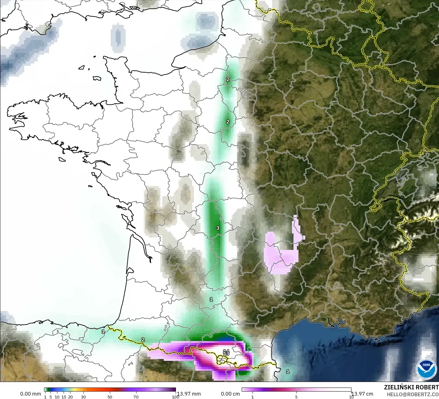 GFS model - France, Precipitation, Clouds, and Pressure