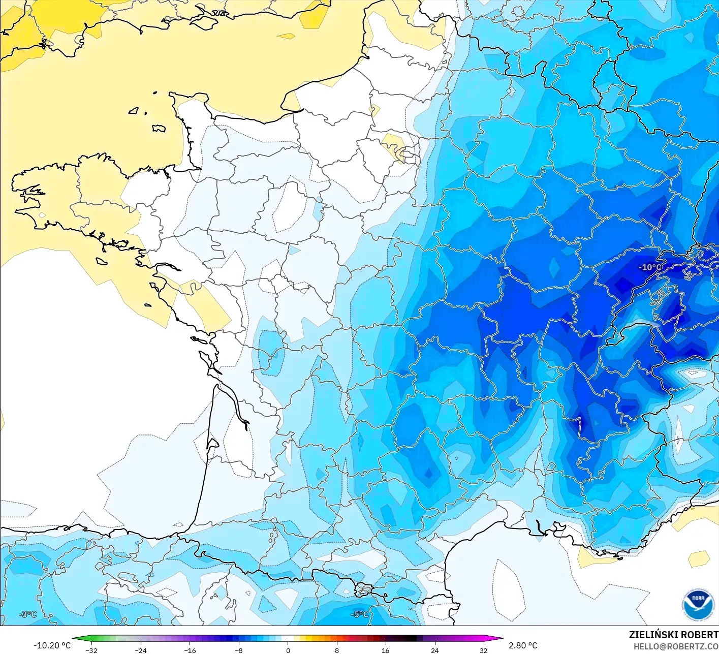 GFS model - France, Temperature at 2m Anomaly
