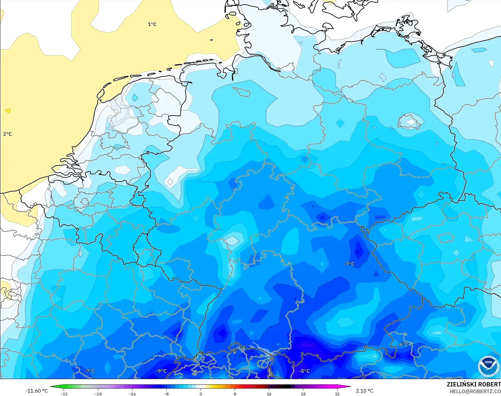 GFS model - Germany, Temperature at 2m Anomaly