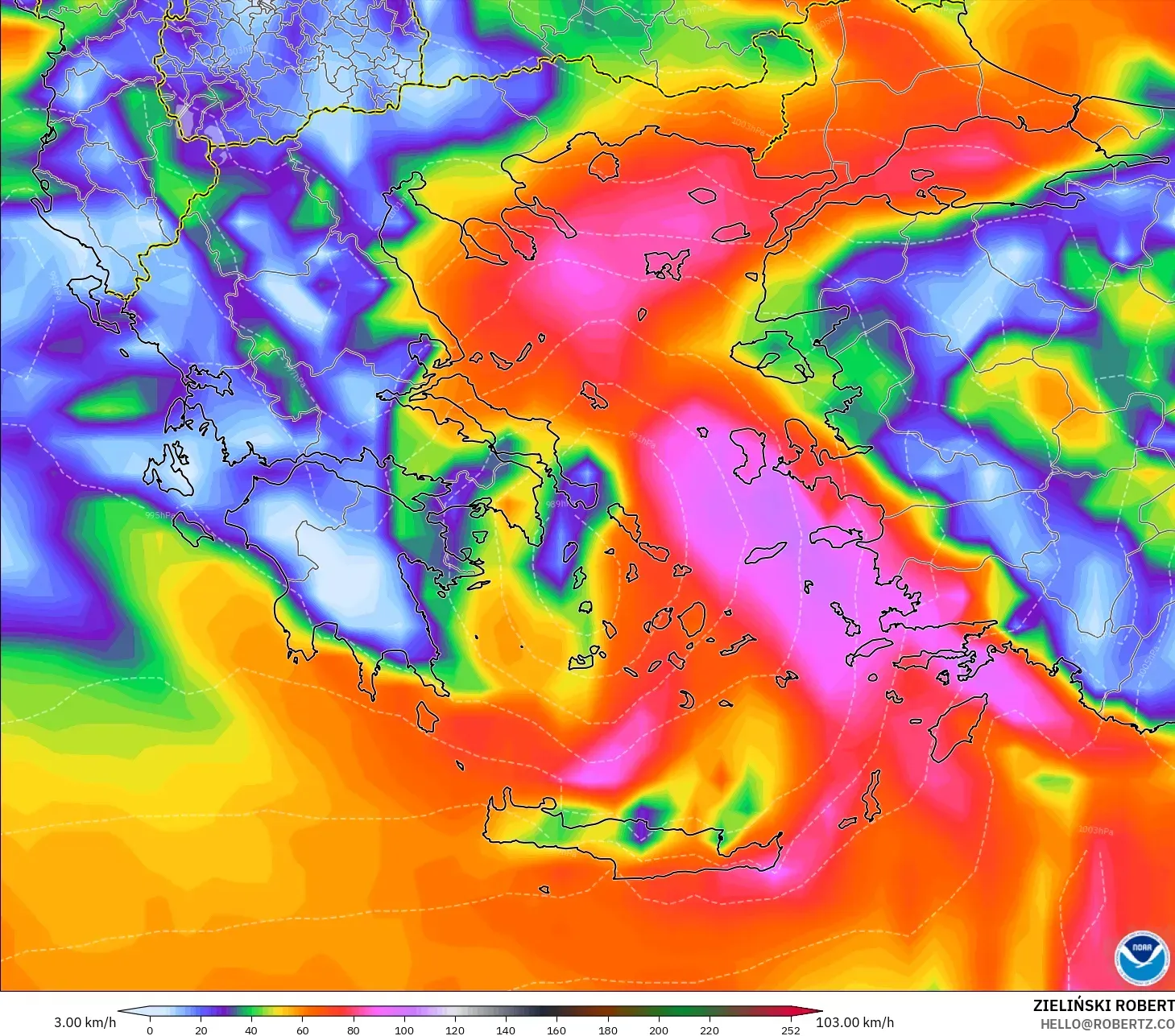 GFS model - Greece, Wind Gusts Peak