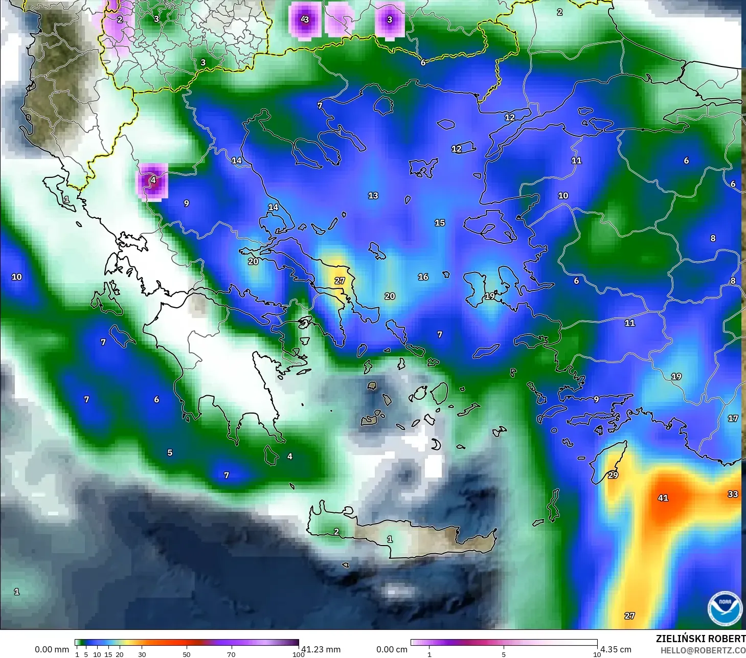 GFS model - Greece, Precipitation, Clouds, and Pressure