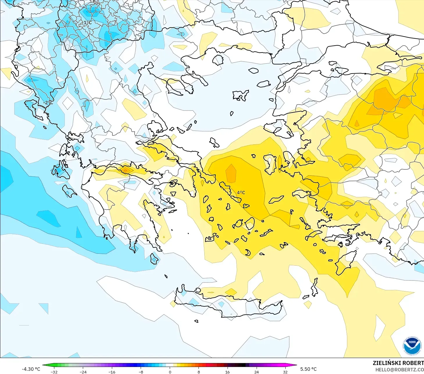 GFS model - Greece, Temperature at 2m Anomaly