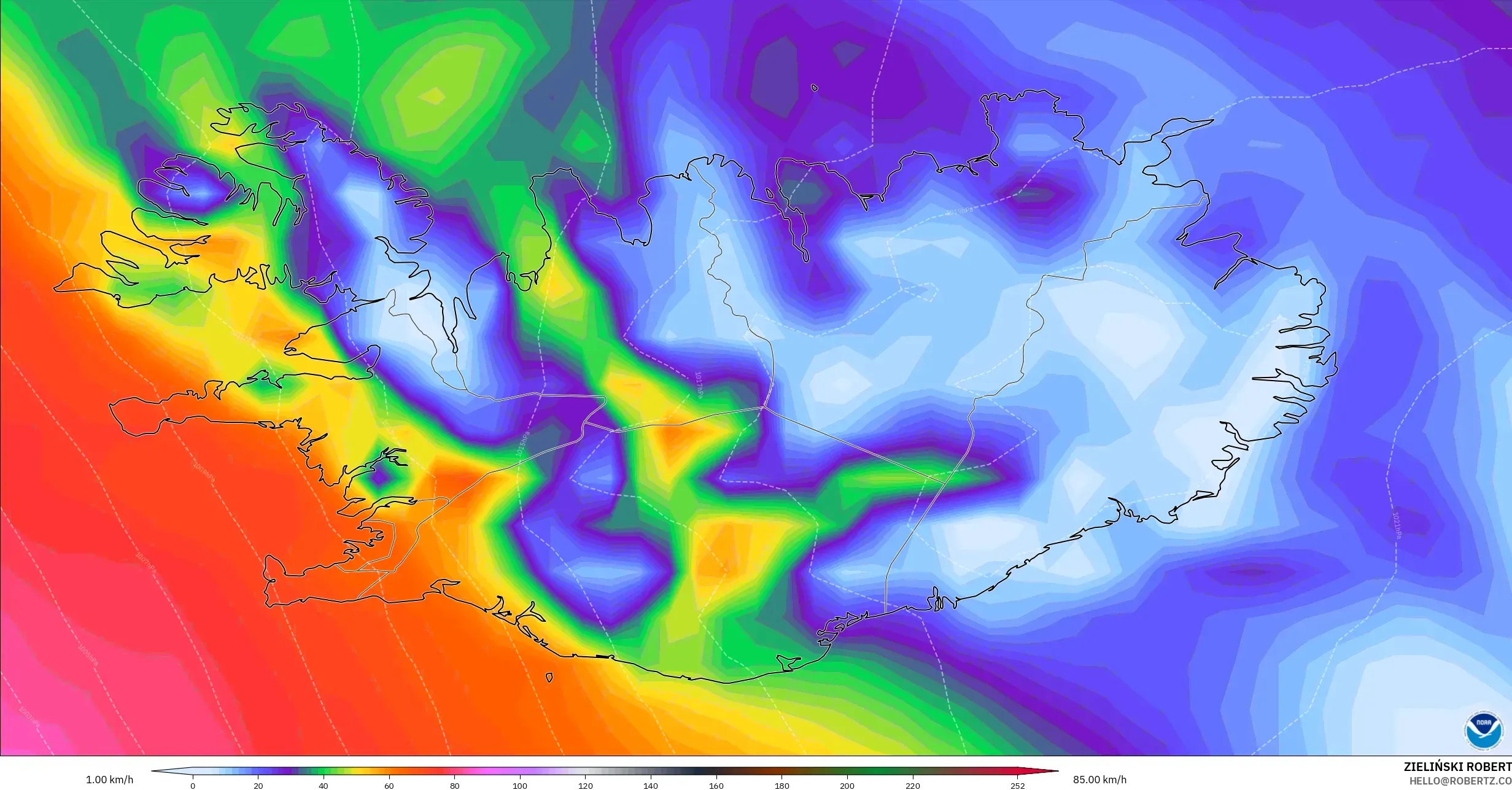 GFS model - Iceland, Wind Gusts Peak