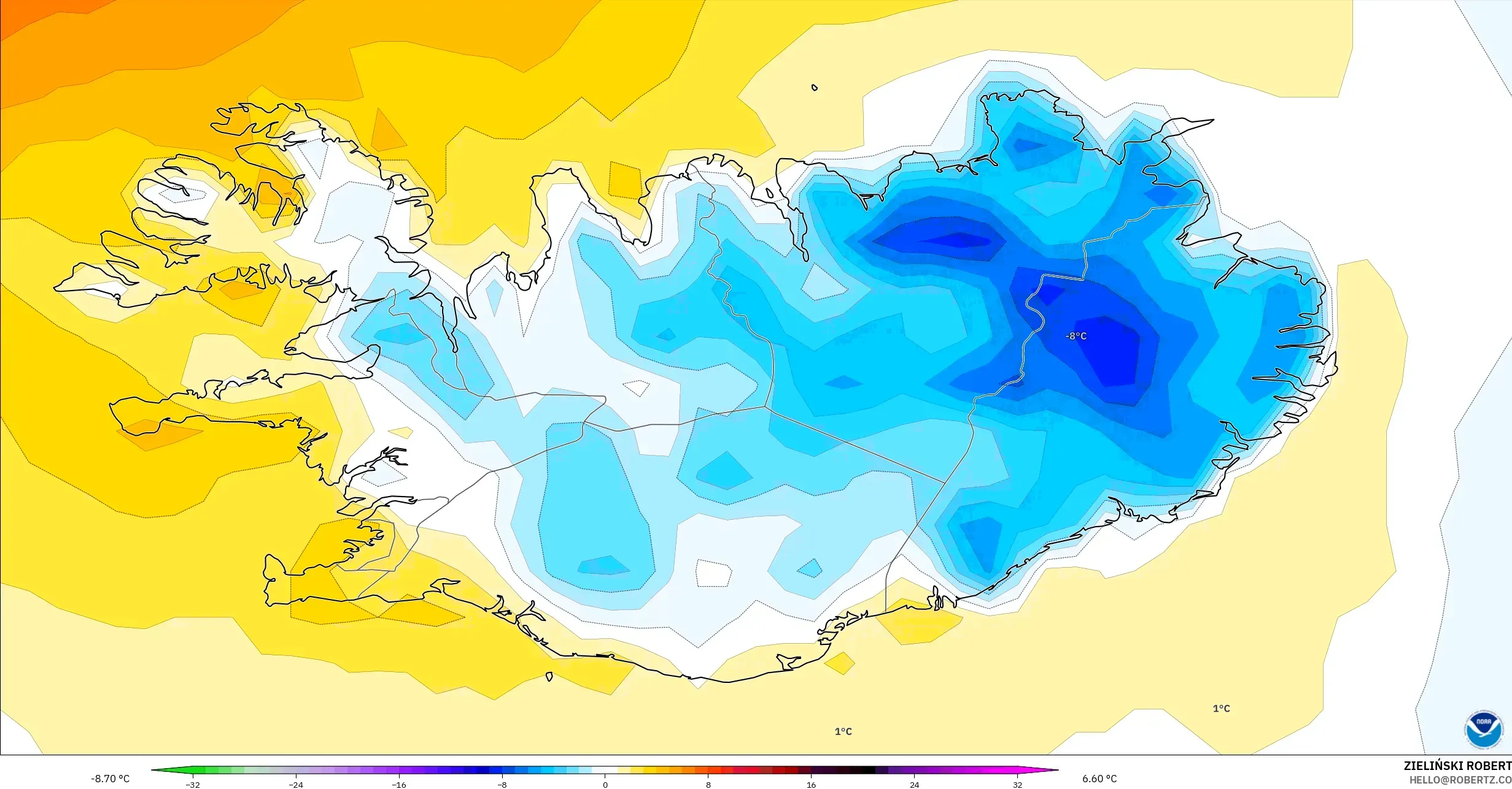 GFS model - Iceland, Temperature at 2m Anomaly