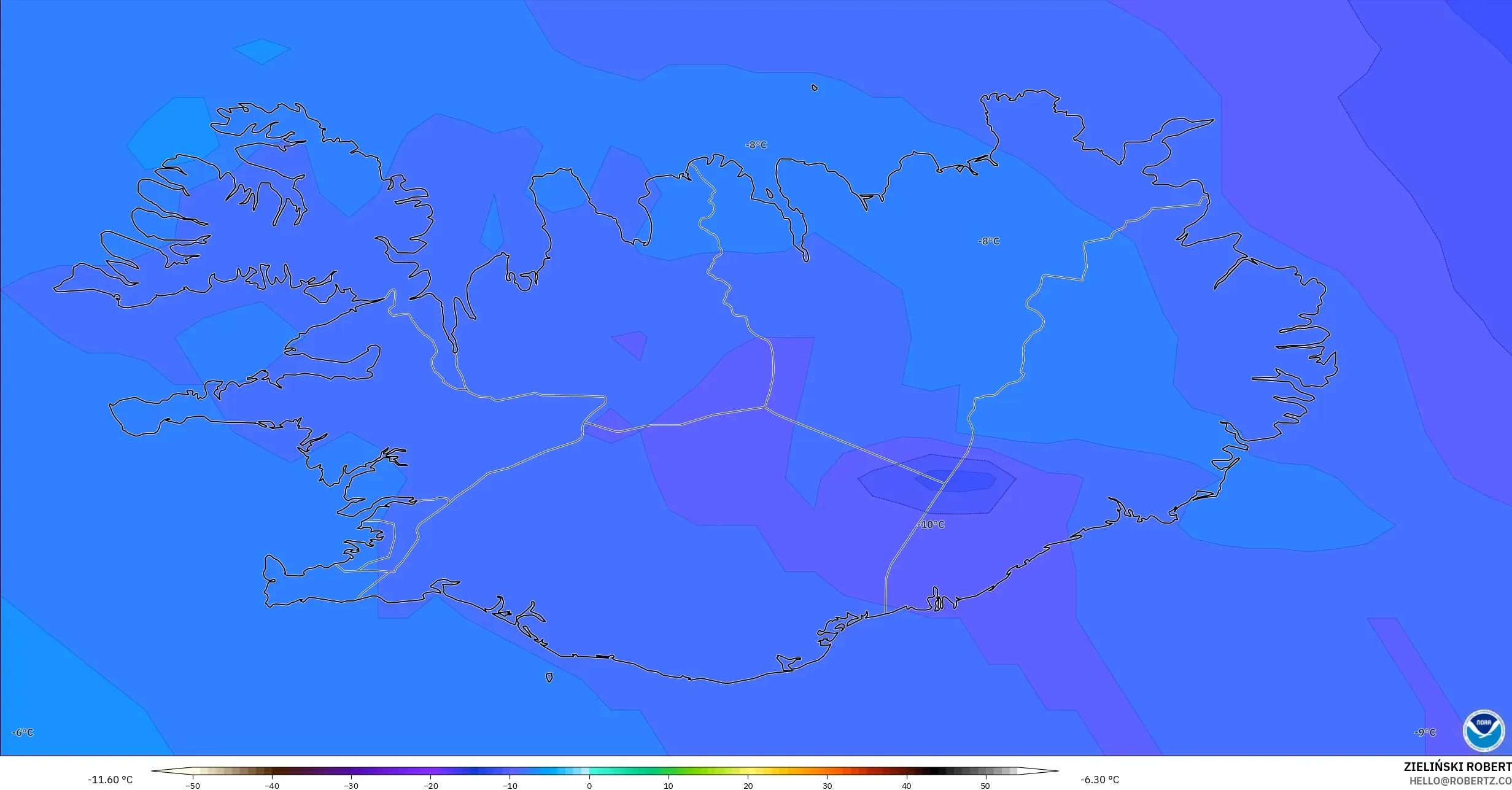 GFS model - Iceland, Temperature at 850hPa
