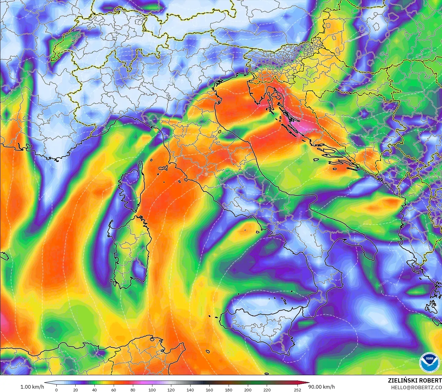 GFS model - Italy, Wind Gusts Peak
