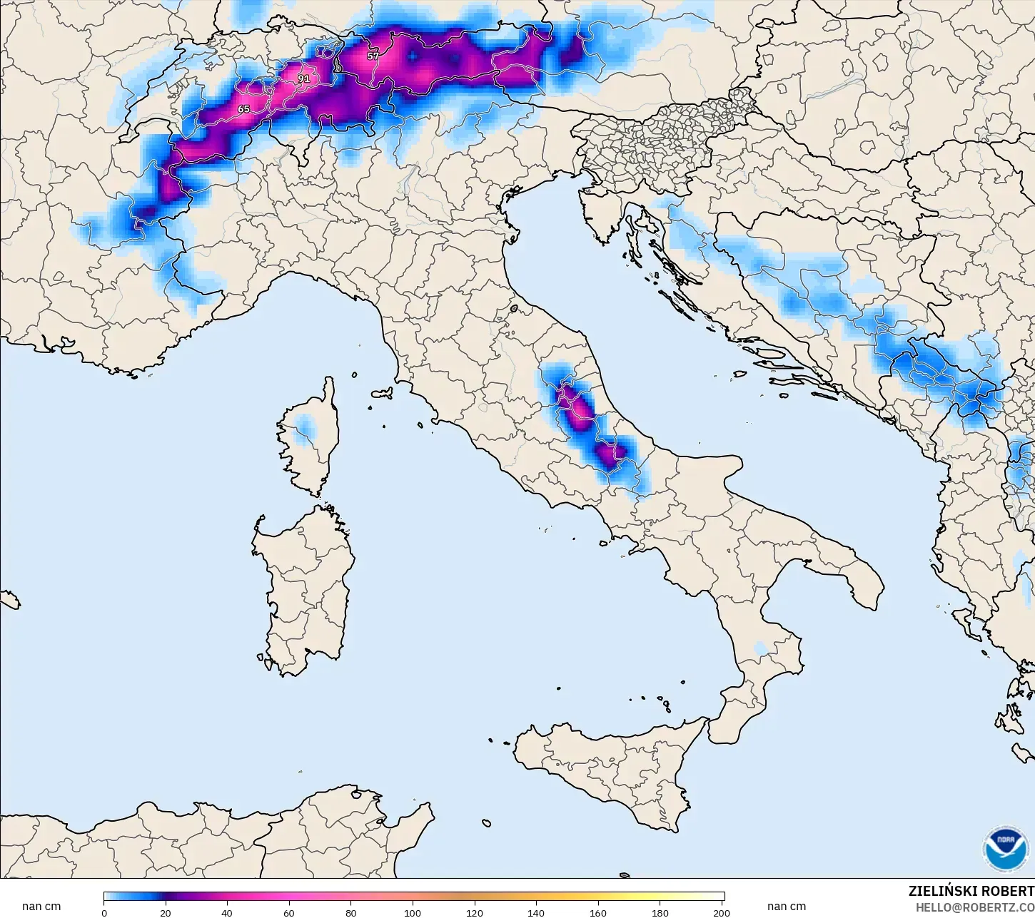 GFS model - Italy, Snow Depth
