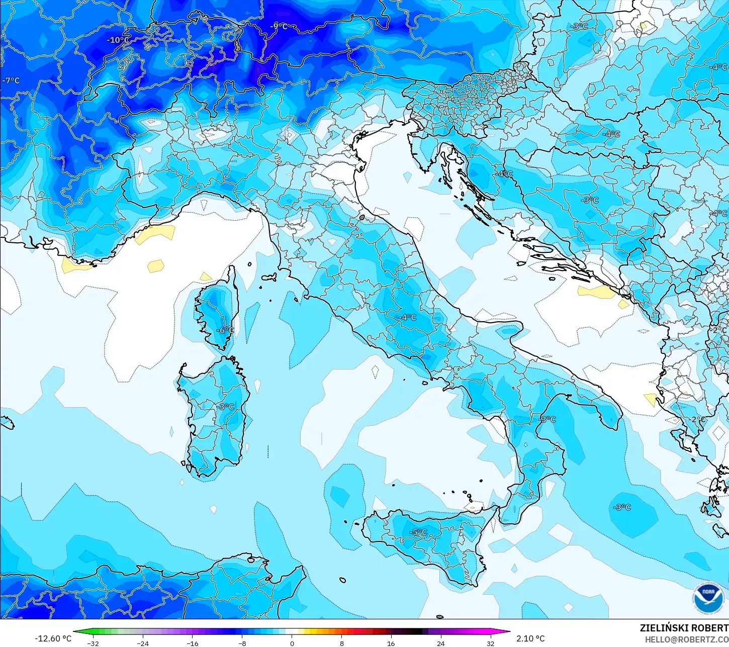GFS model - Italy, Temperature at 2m Anomaly