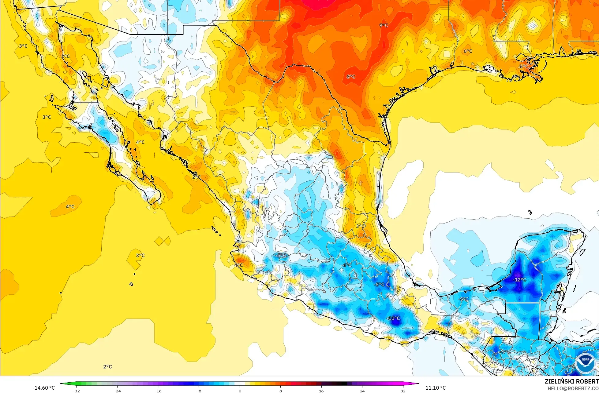 GFS model - Mexico, Temperature at 2m Anomaly