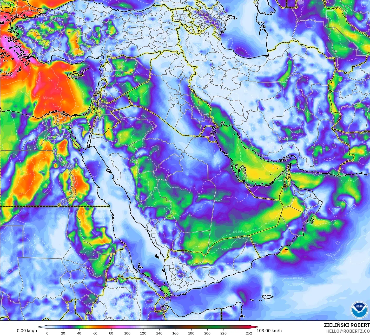 GFS model - Middle East, Wind Gusts Peak