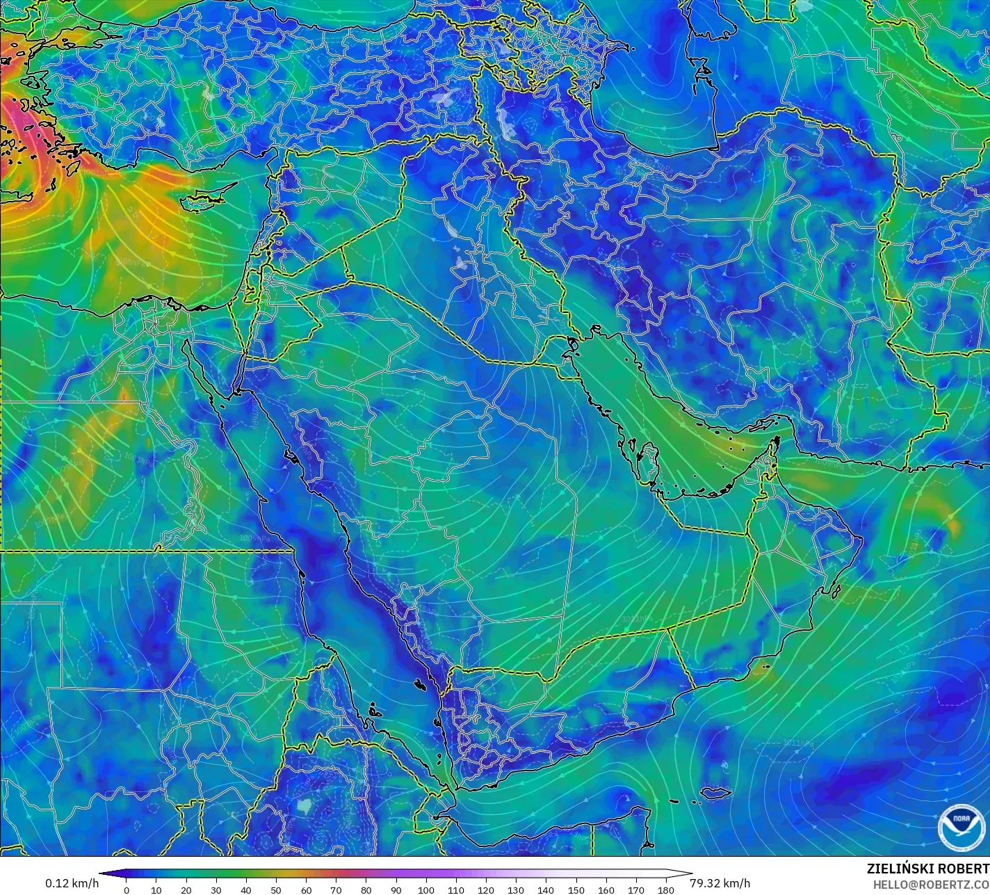 GFS model - Middle East, Wind at 10m