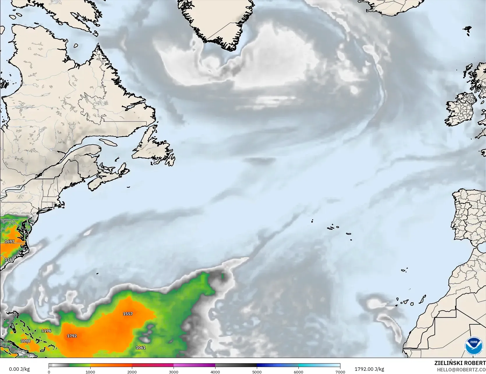 GFS model - North Atlantic, CAPE