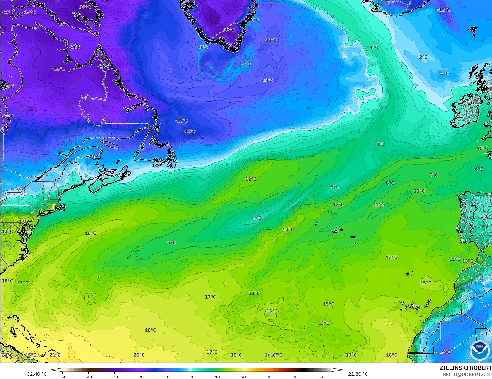 GFS model - North Atlantic, Dewpoint at 2m