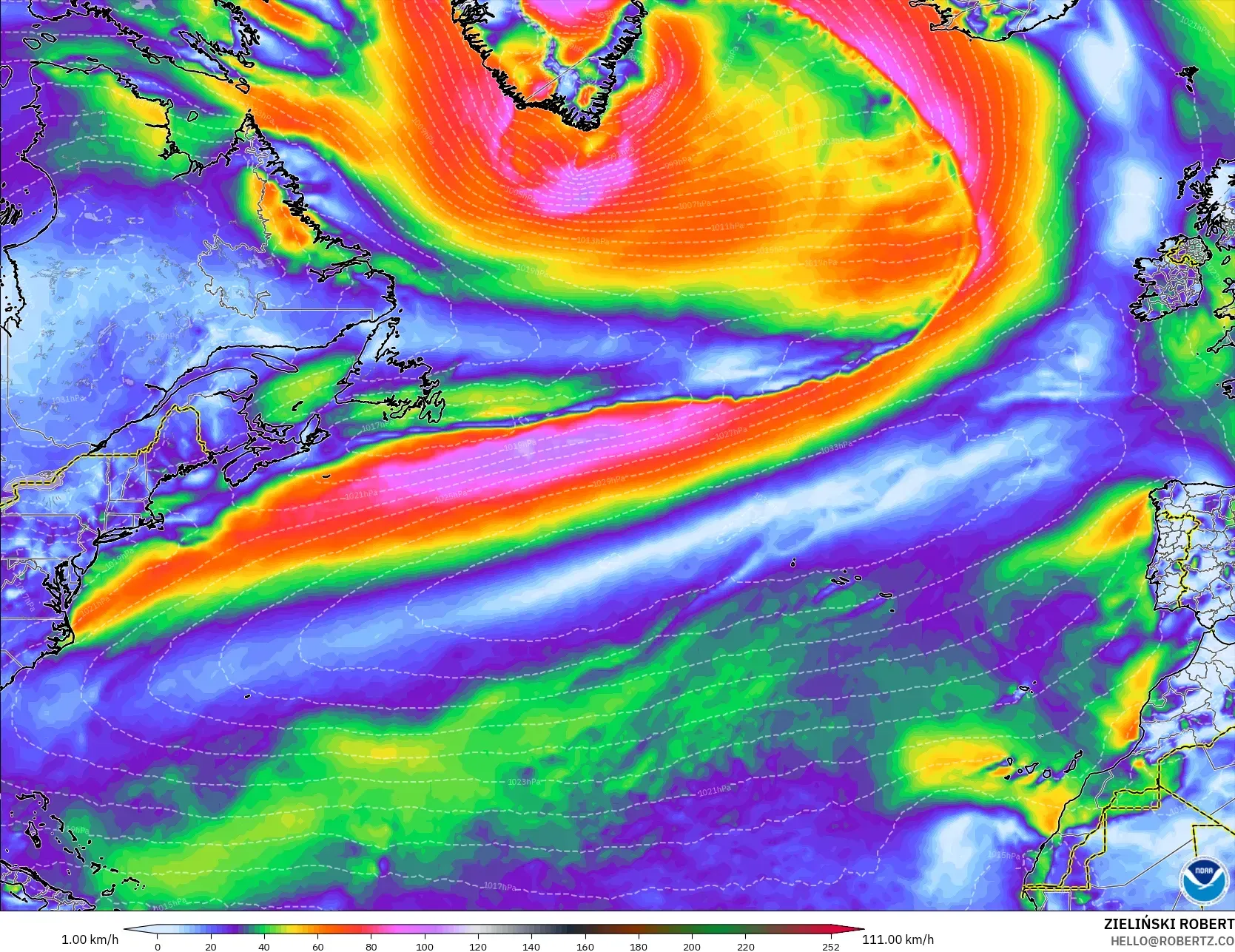GFS model - North Atlantic, Wind Gusts
