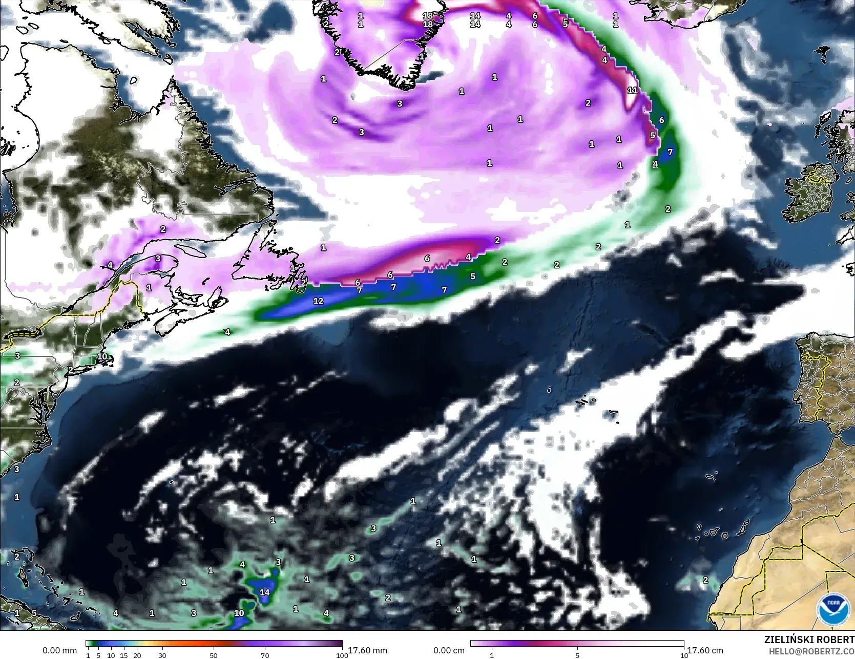 GFS model - North Atlantic, Precipitation, Clouds, and Pressure