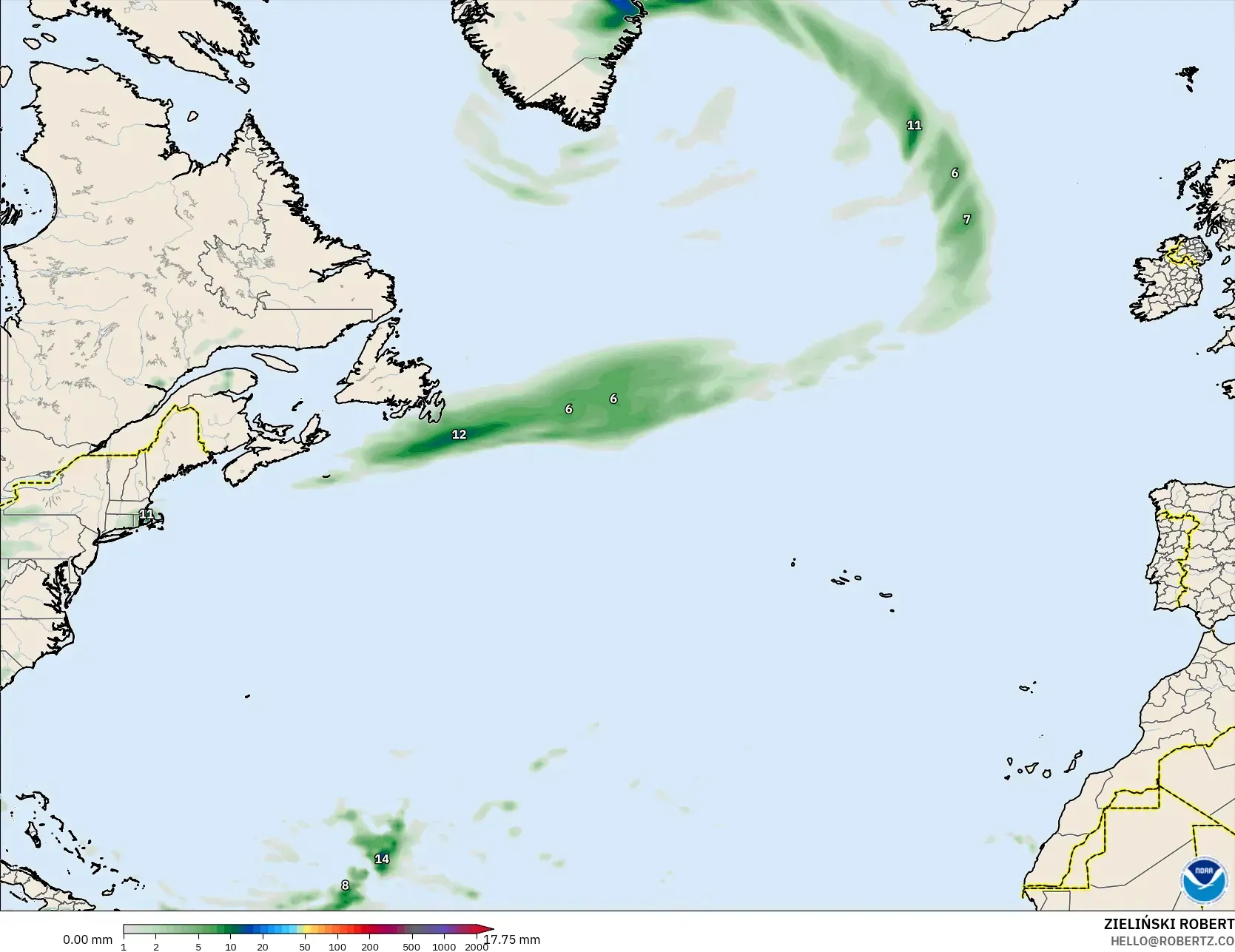 GFS model - North Atlantic, Precipitation Accumulation