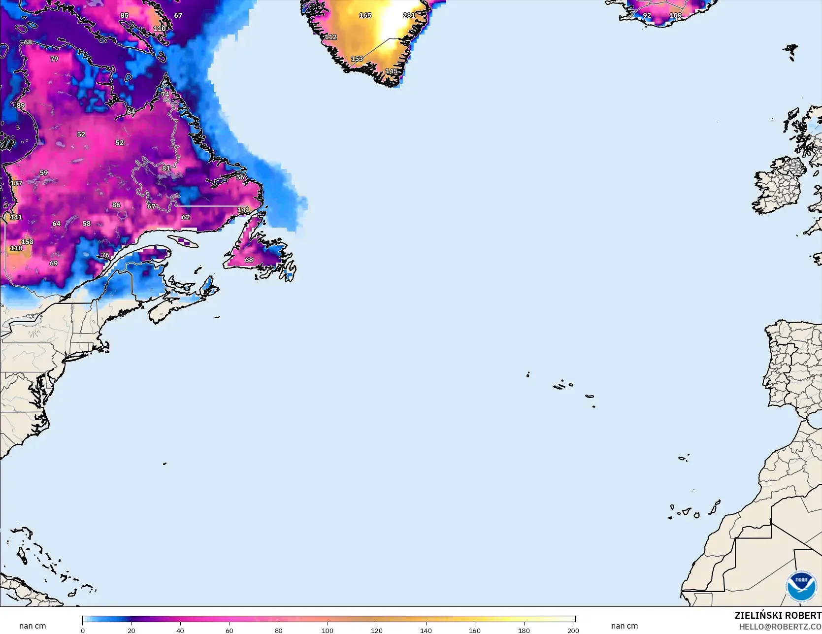 GFS model - North Atlantic, Snow Depth