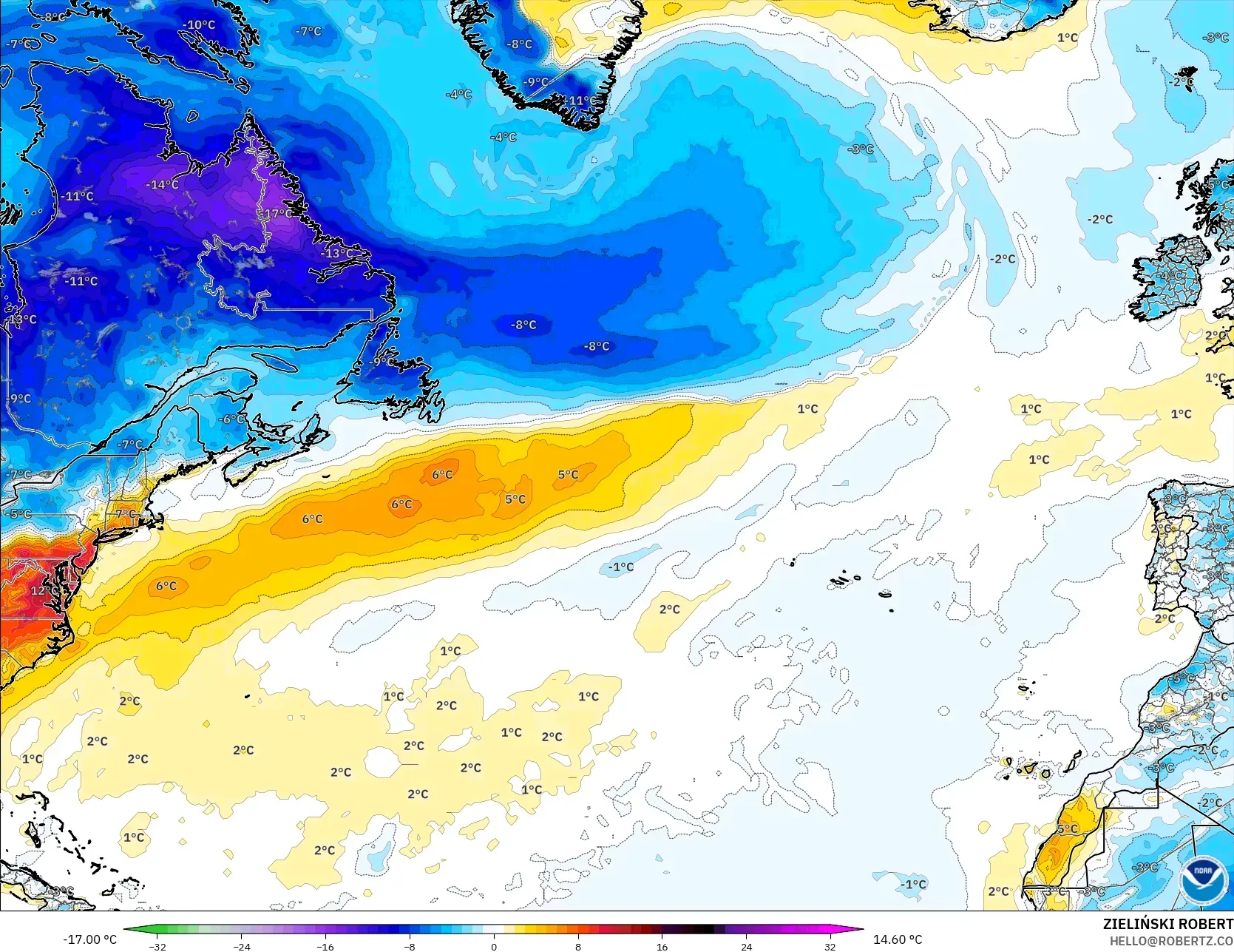 GFS model - North Atlantic, Temperature at 2m Anomaly