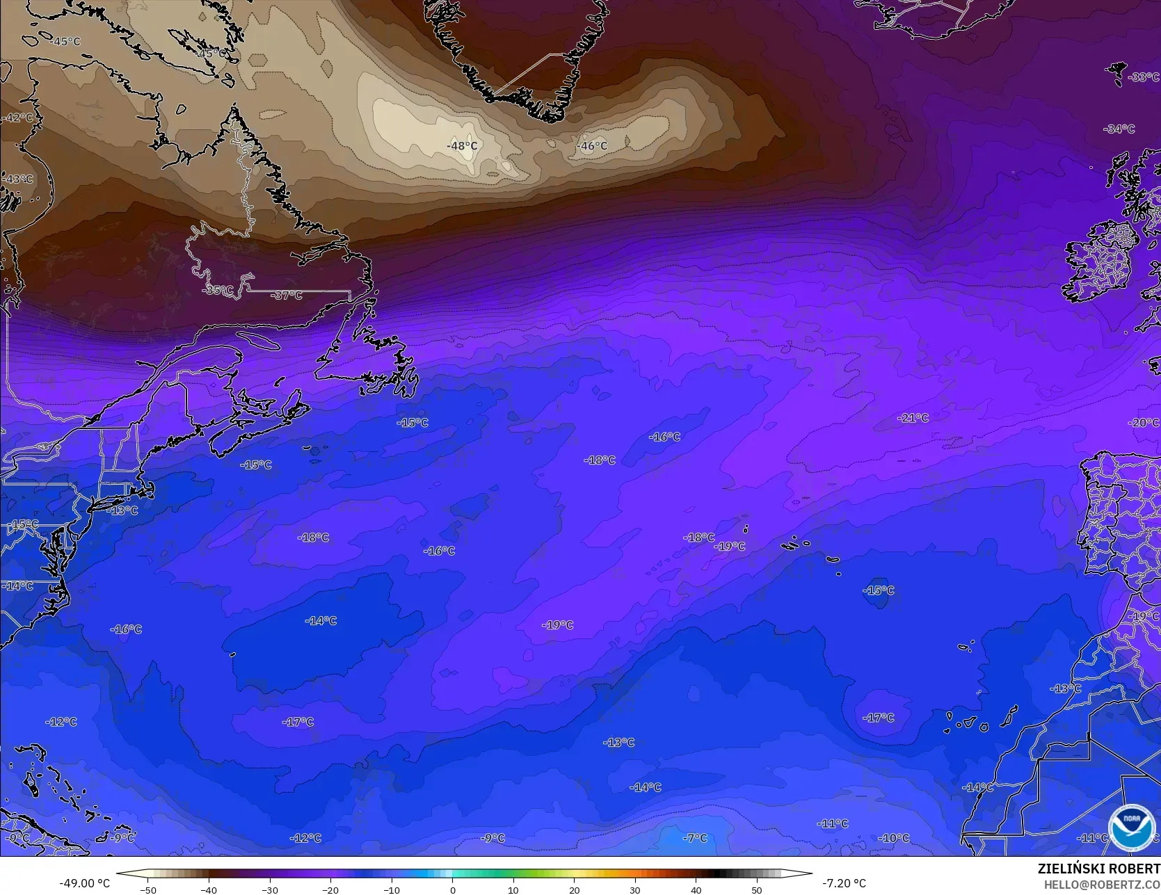 GFS model - North Atlantic, Temperature at 500hPa