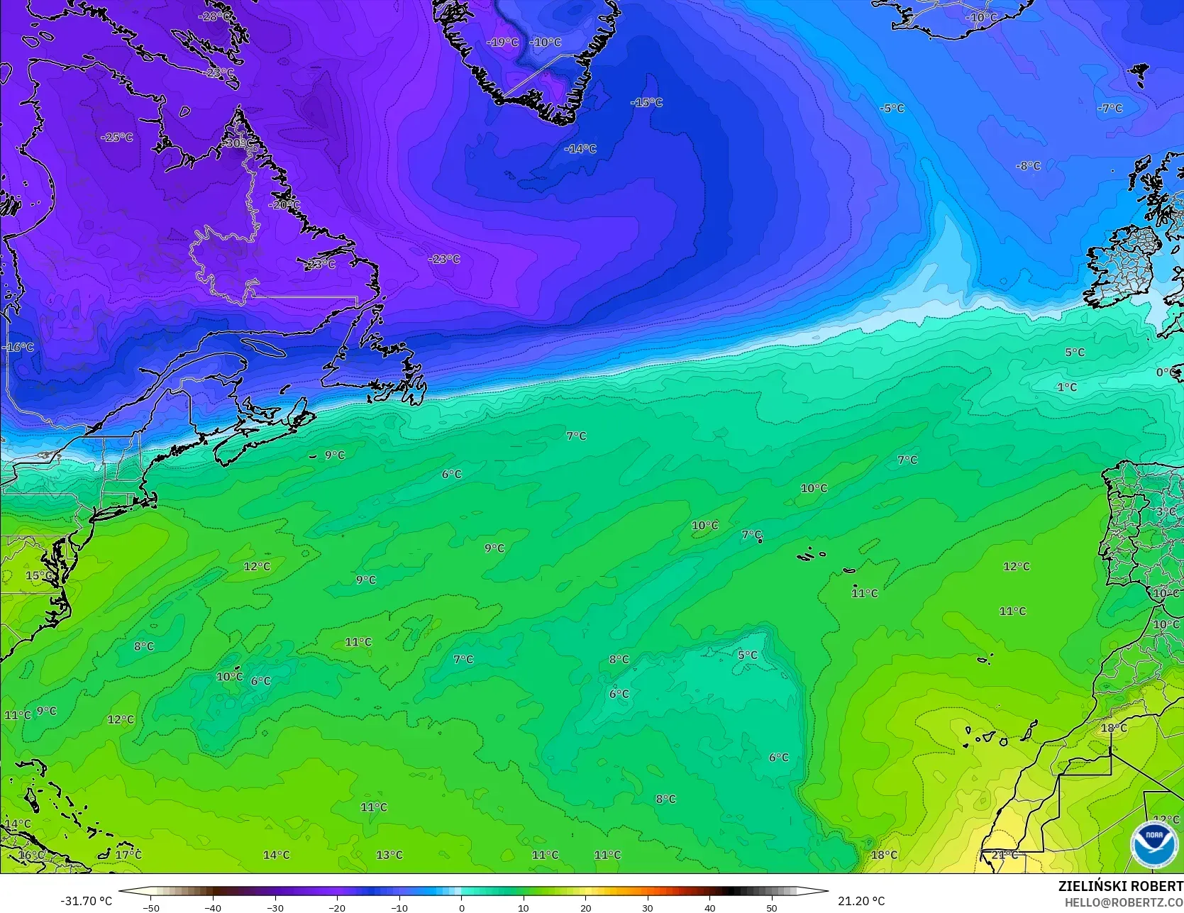 GFS model - North Atlantic, Temperature at 850hPa