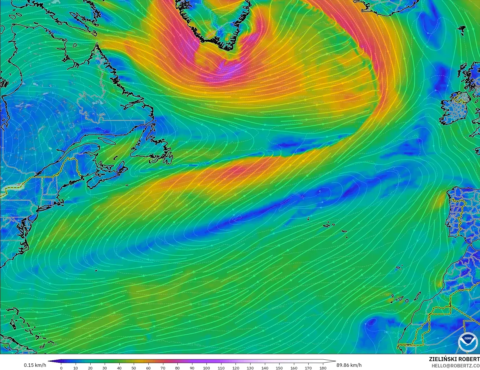 GFS model - North Atlantic, Wind at 10m