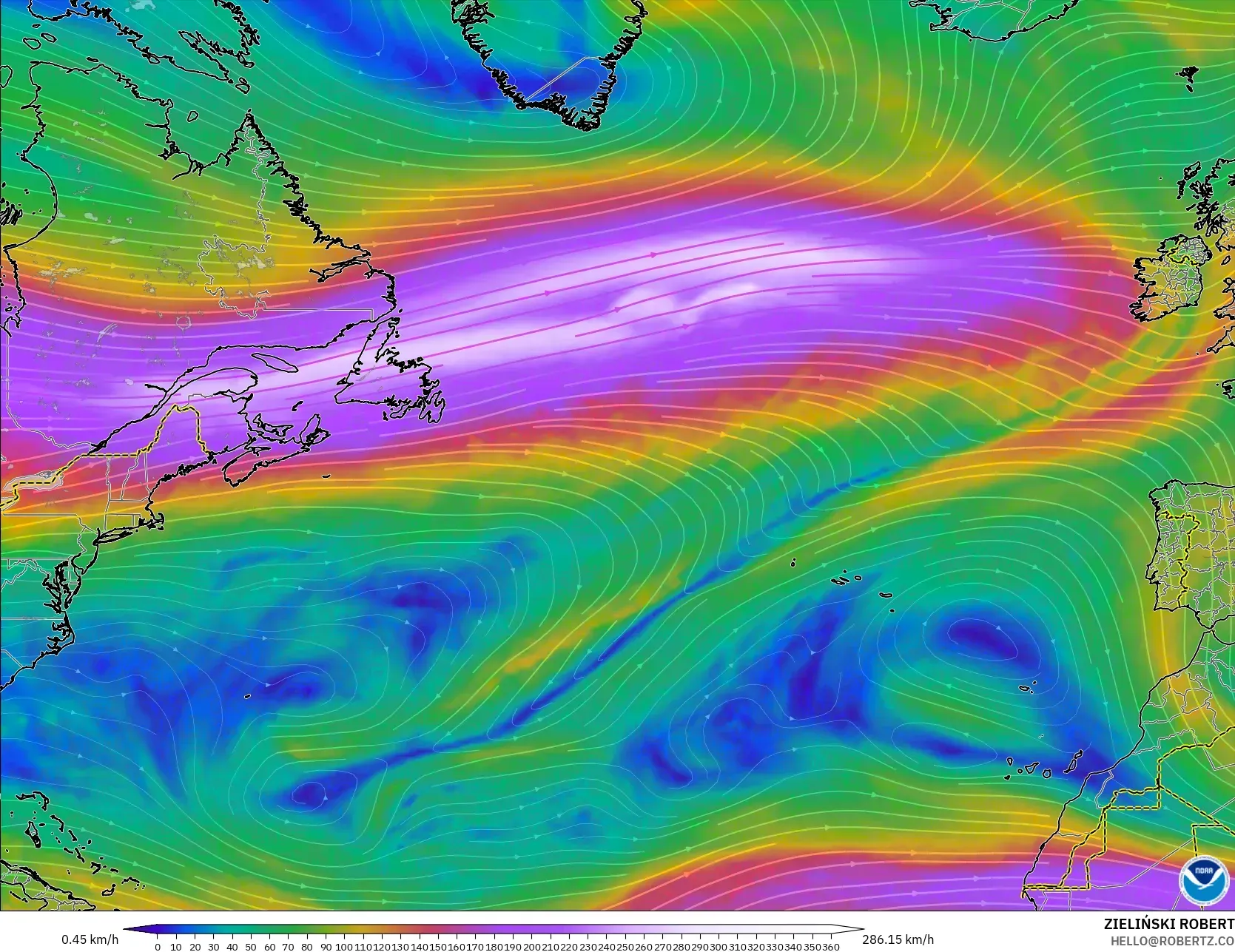 GFS model - North Atlantic, Wind at 300hPa (jet stream)