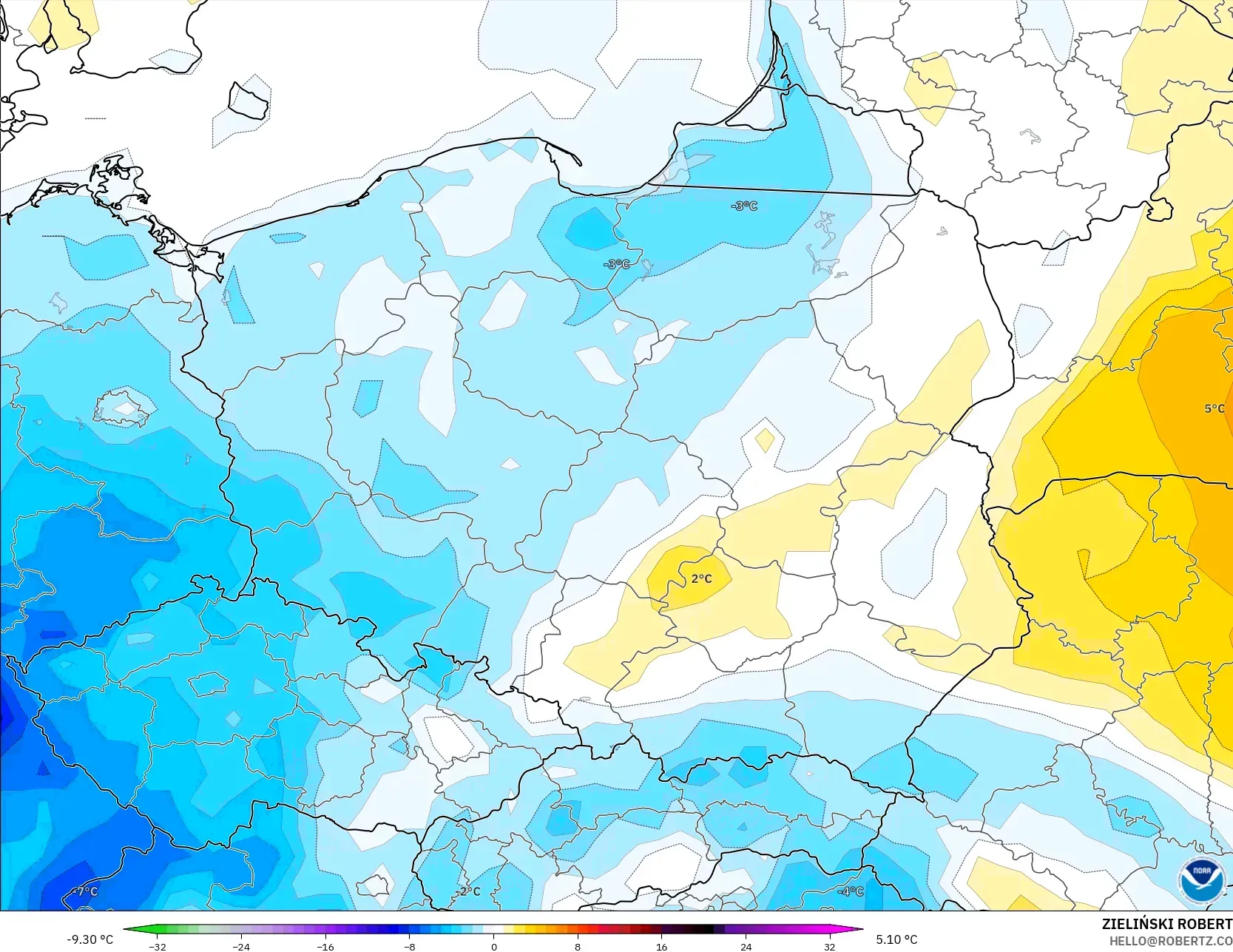 GFS model - Poland, Temperature at 2m Anomaly