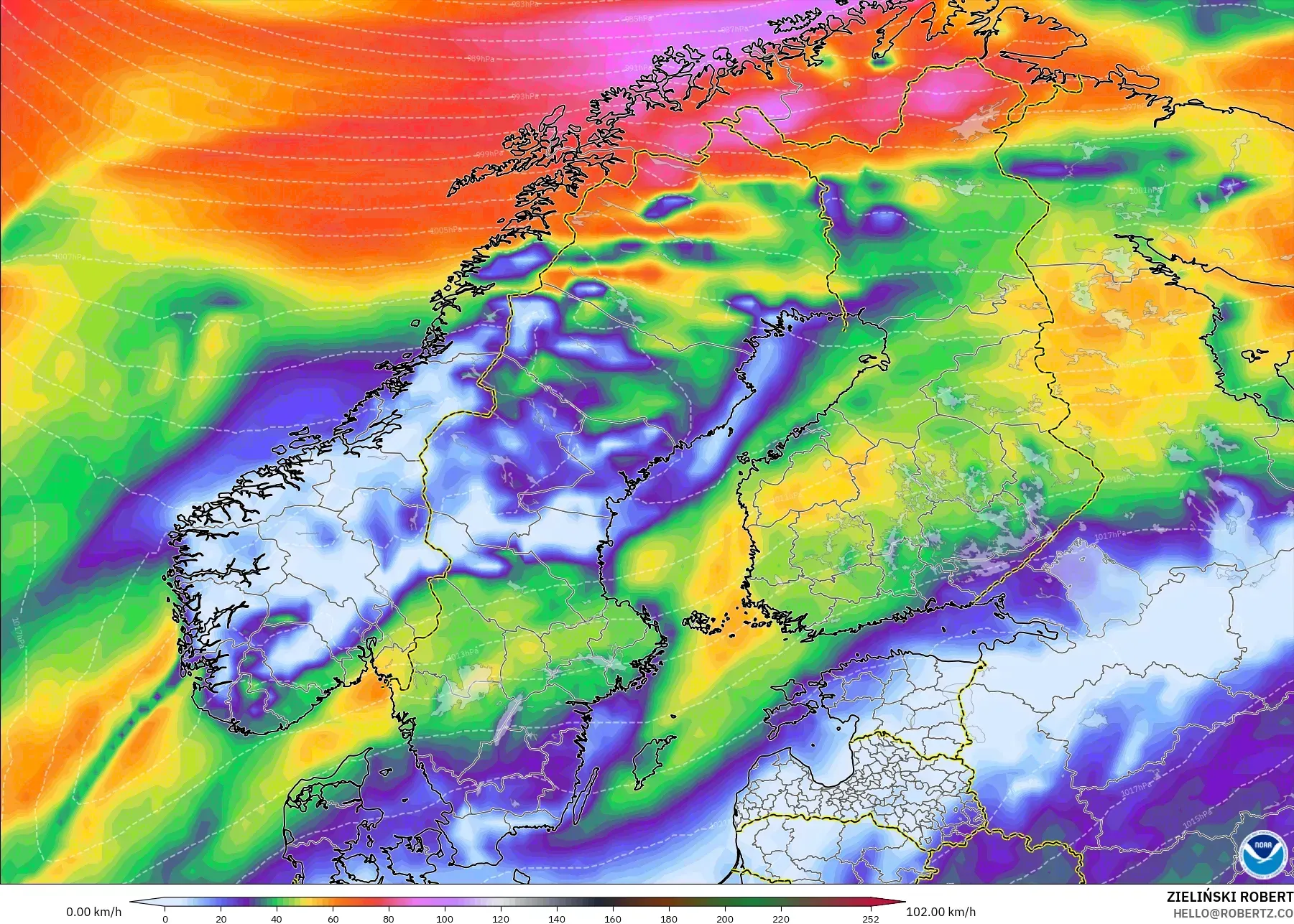 GFS model - Scandinavia, Wind Gusts Peak