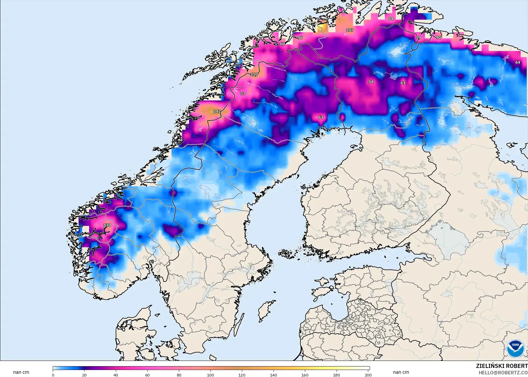 GFS model - Scandinavia, Snow Depth
