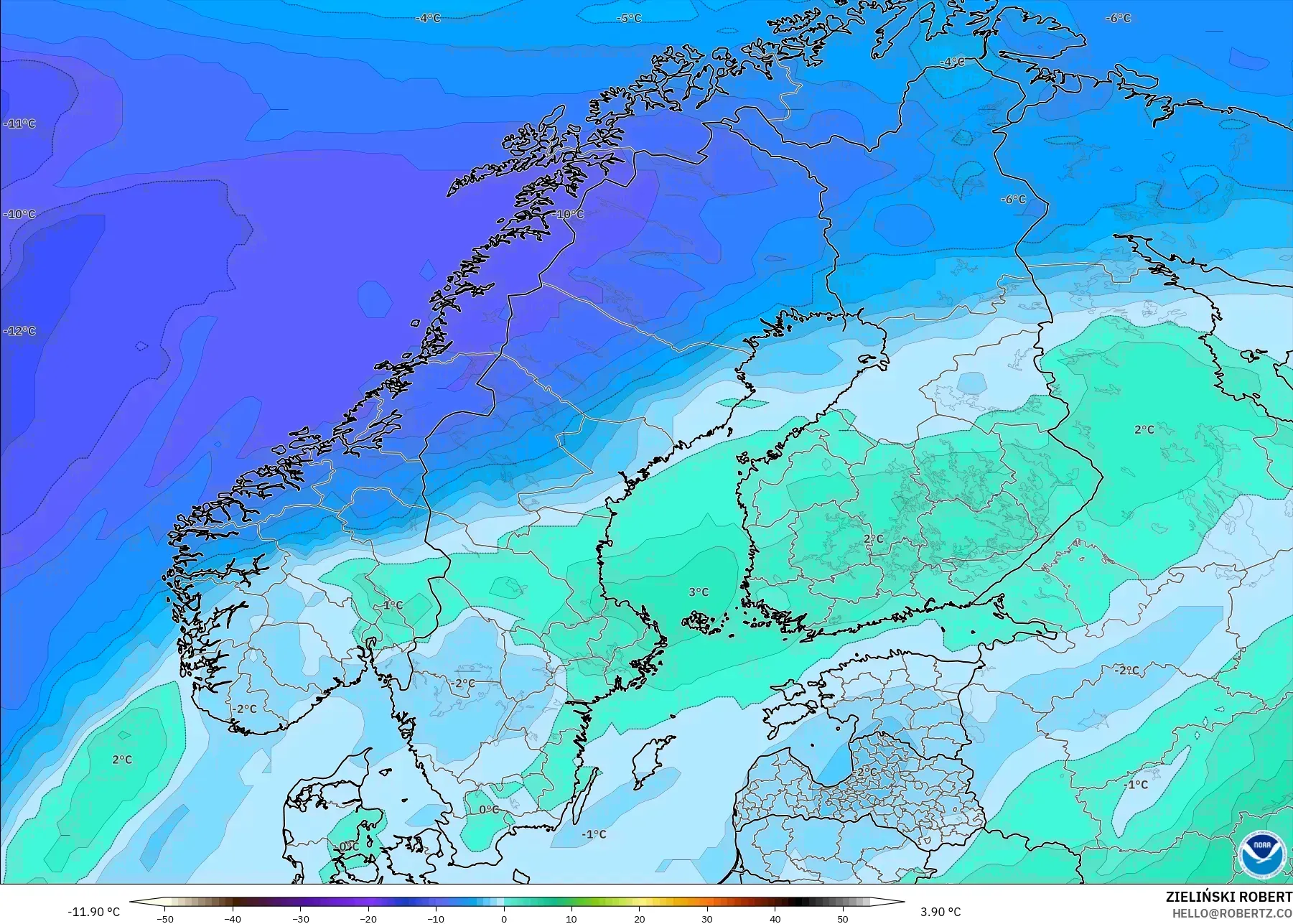 GFS model - Scandinavia, Temperature at 850hPa