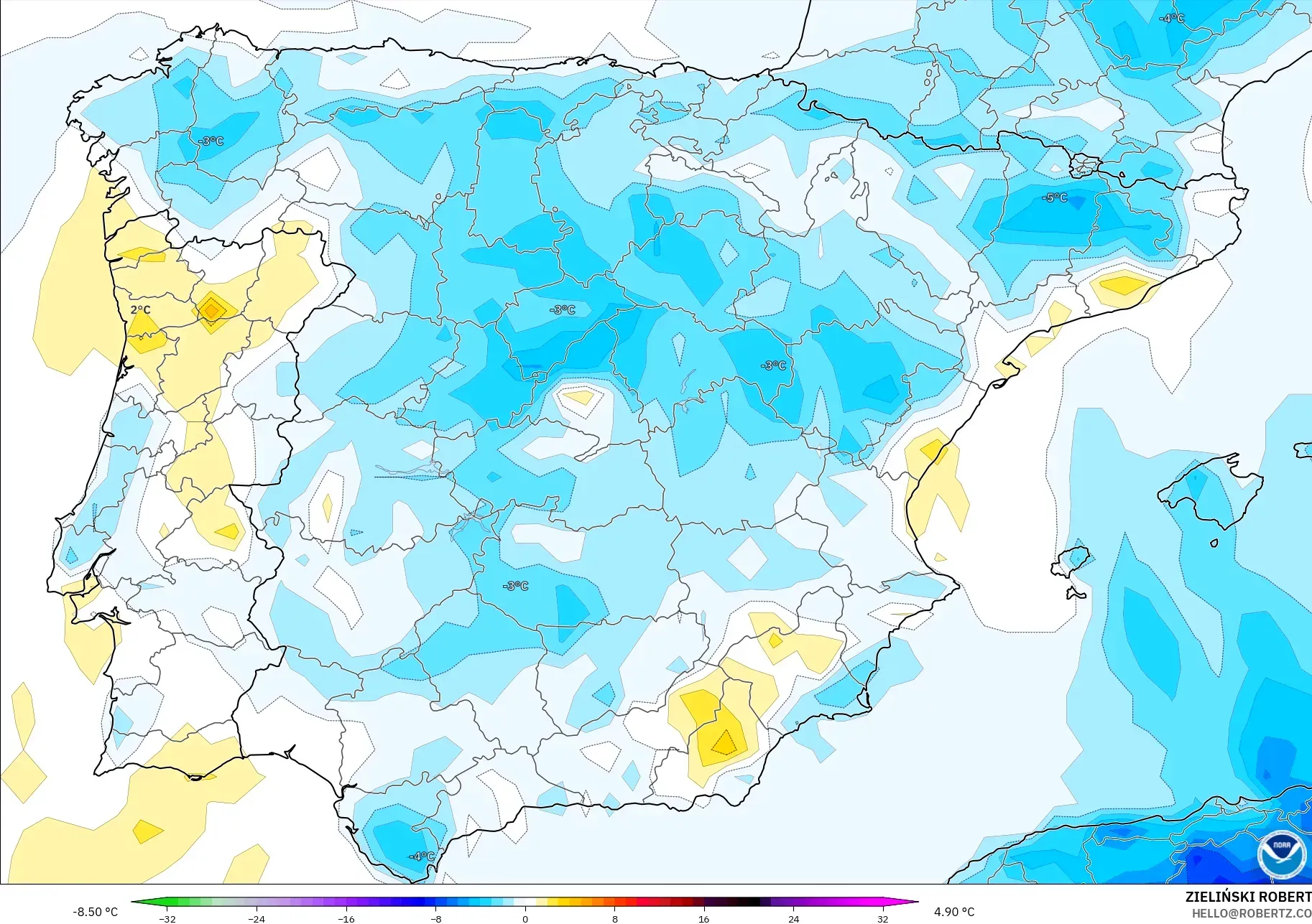 GFS model - Spain, Temperature at 2m Anomaly