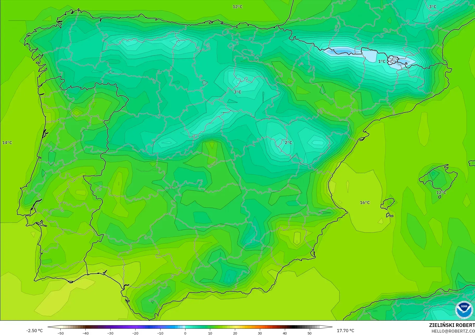 GFS model - Spain, Temperature at 2m