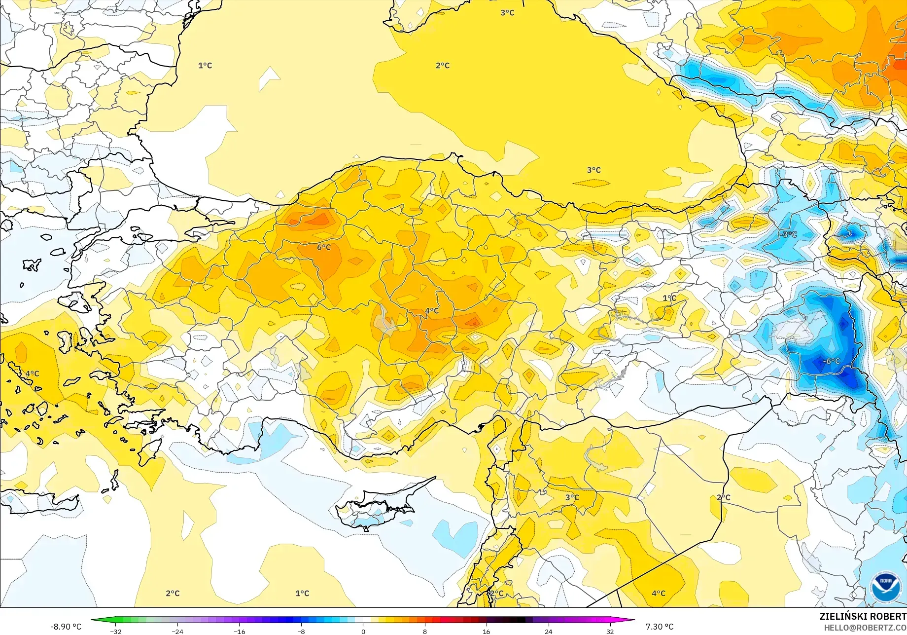 GFS model - Turkey, Temperature at 2m Anomaly
