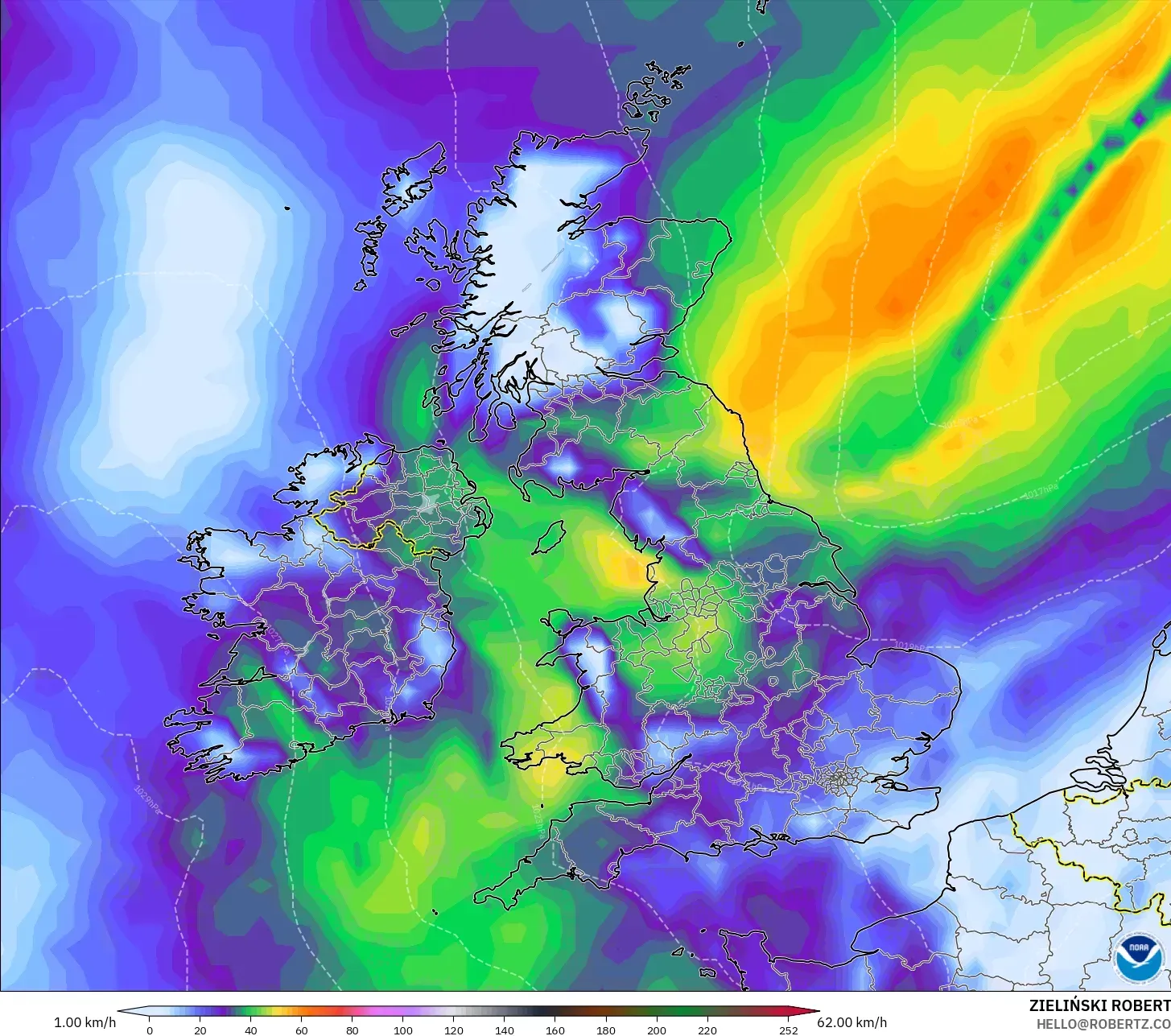 GFS model - United Kingdom, Wind Gusts Peak
