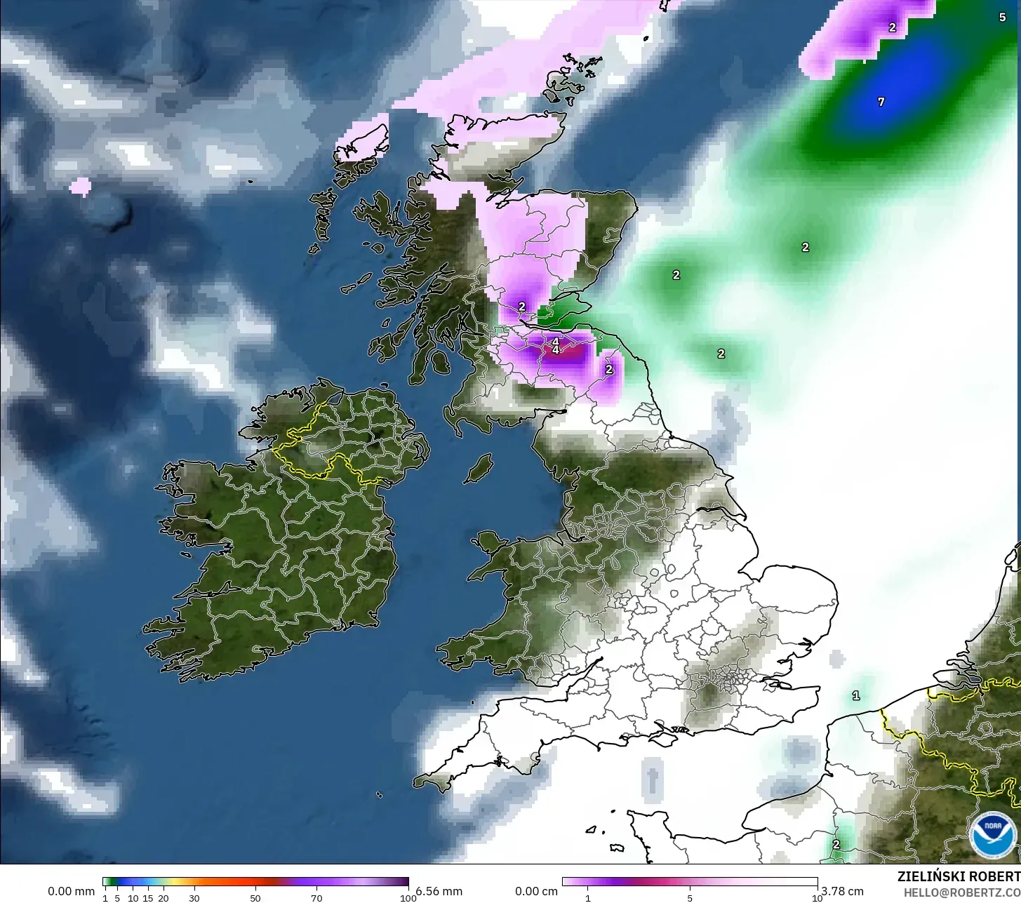 GFS model - United Kingdom, Precipitation, Clouds, and Pressure
