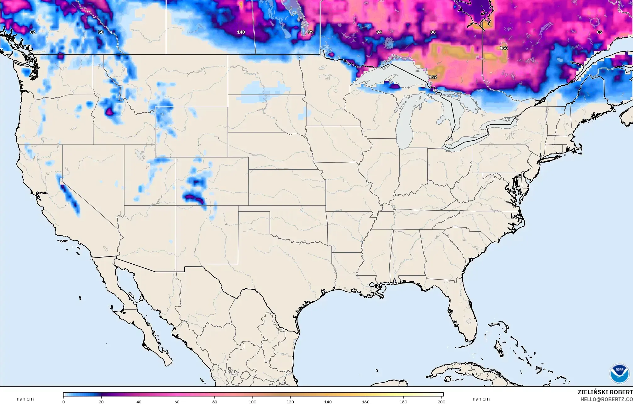 GFS model - United States, Snow Depth