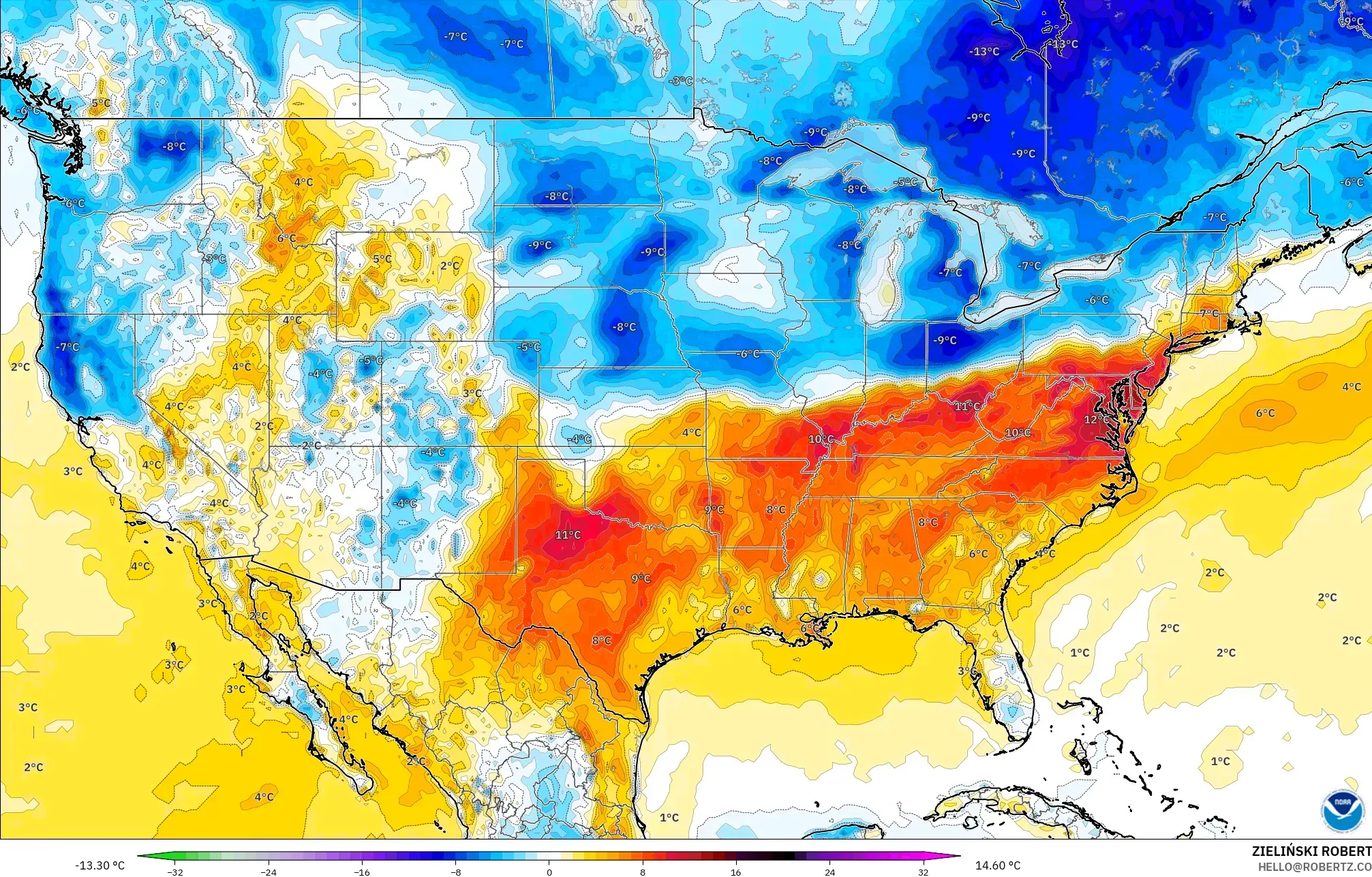 GFS model - United States, Temperature at 2m Anomaly
