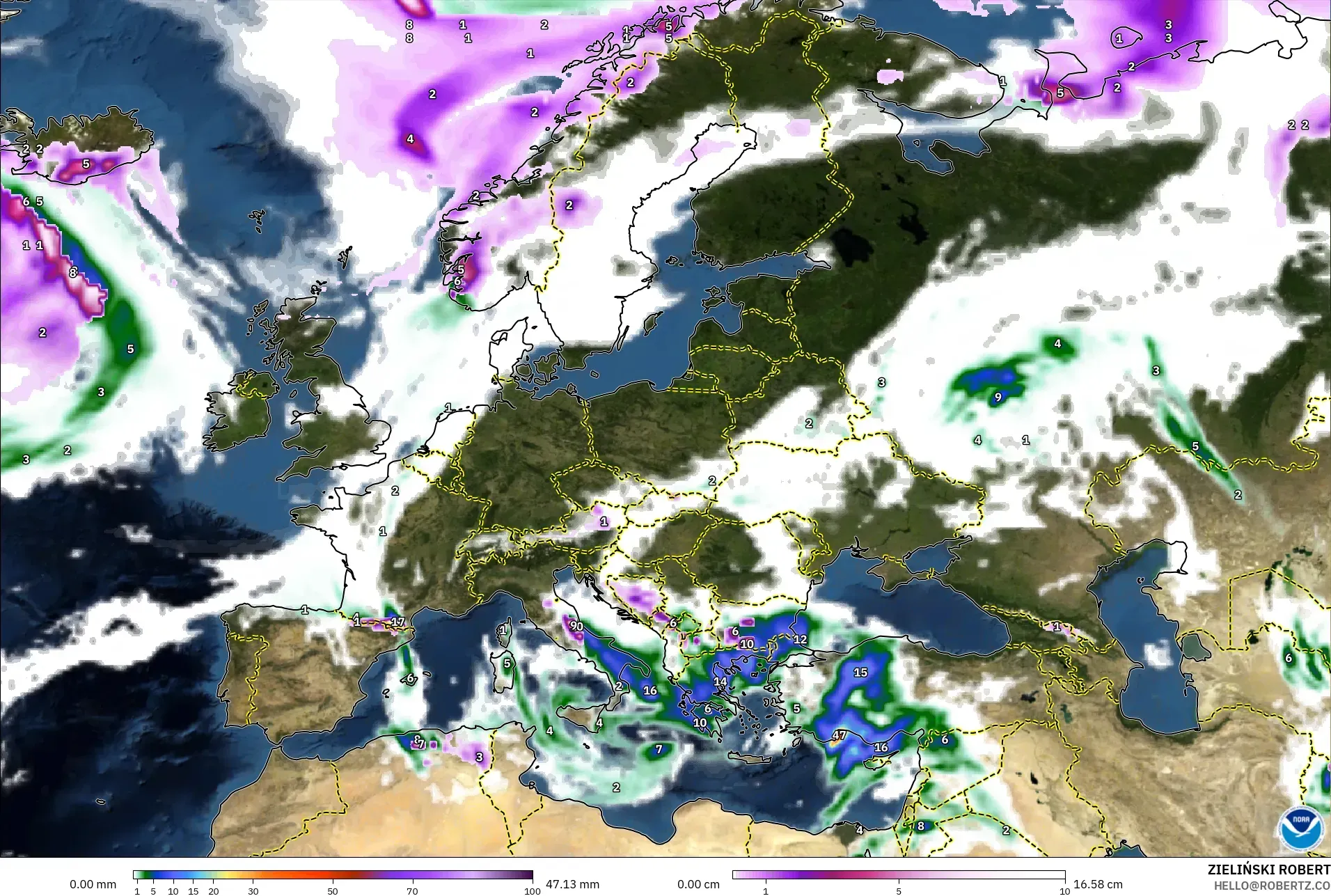 GFS model - Europe, Precipitation, Clouds, and Pressure