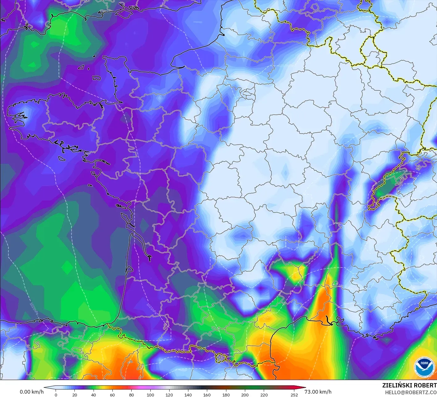 GFS model - France, Wind Gusts Peak