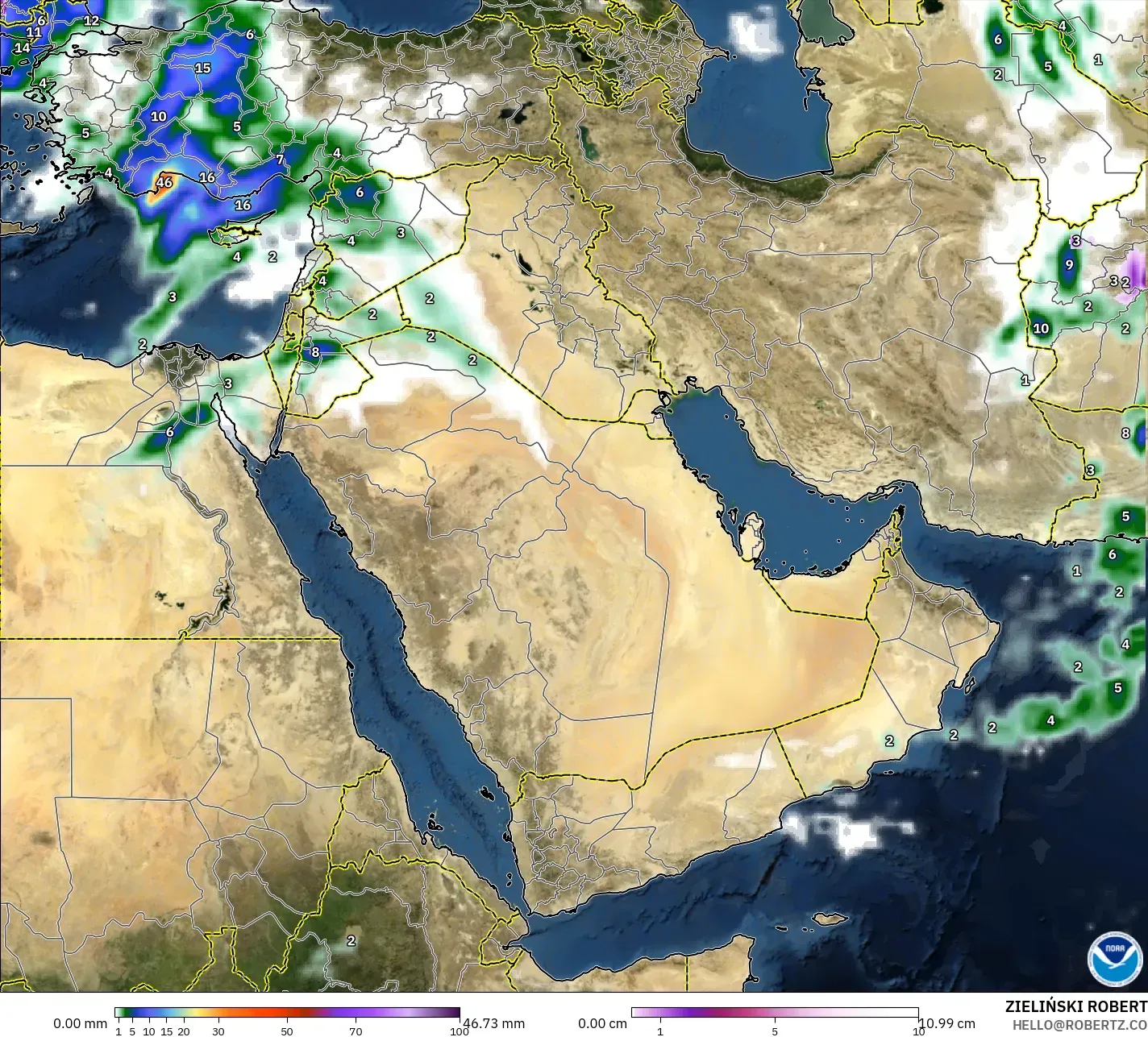 GFS model - Middle East, Precipitation, Clouds, and Pressure