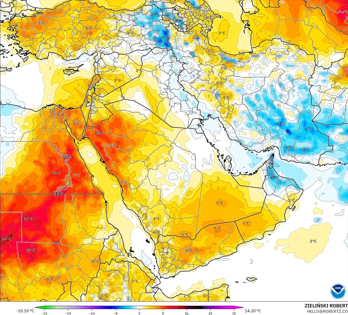 GFS model - Middle East, Temperature at 2m Anomaly