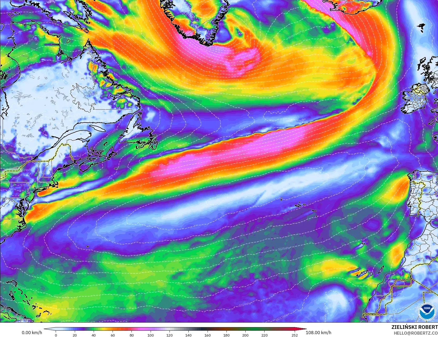 GFS model - North Atlantic, Wind Gusts