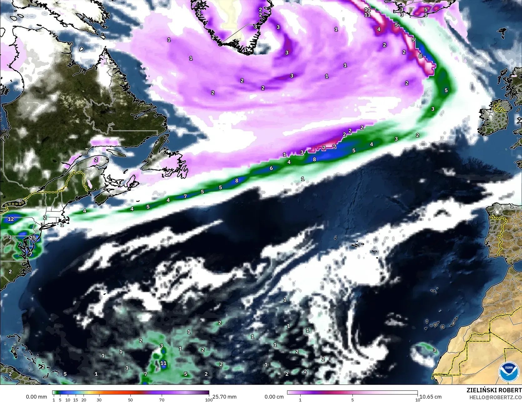 GFS model - North Atlantic, Precipitation, Clouds, and Pressure