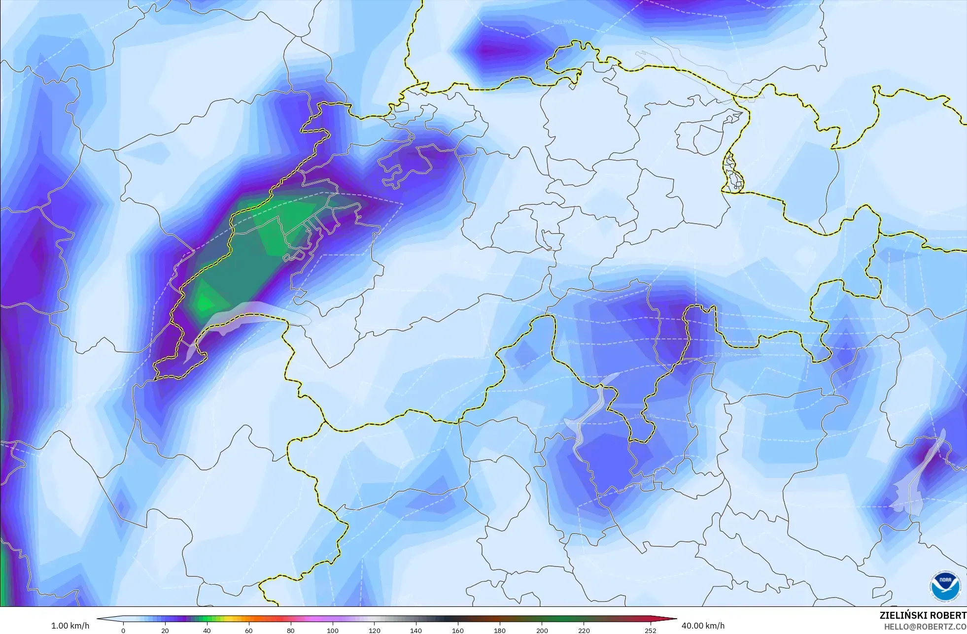 GFS model - Switzerland, Wind Gusts Peak