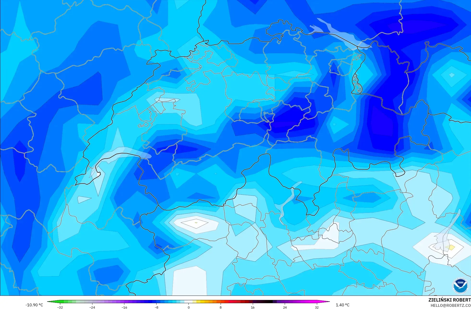 GFS model - Switzerland, Temperature at 2m Anomaly