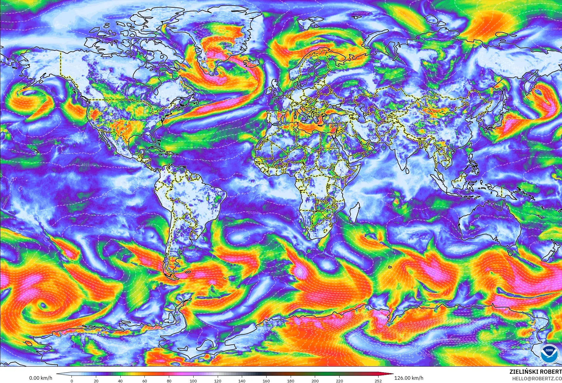 GFS model - World, Wind Gusts Peak