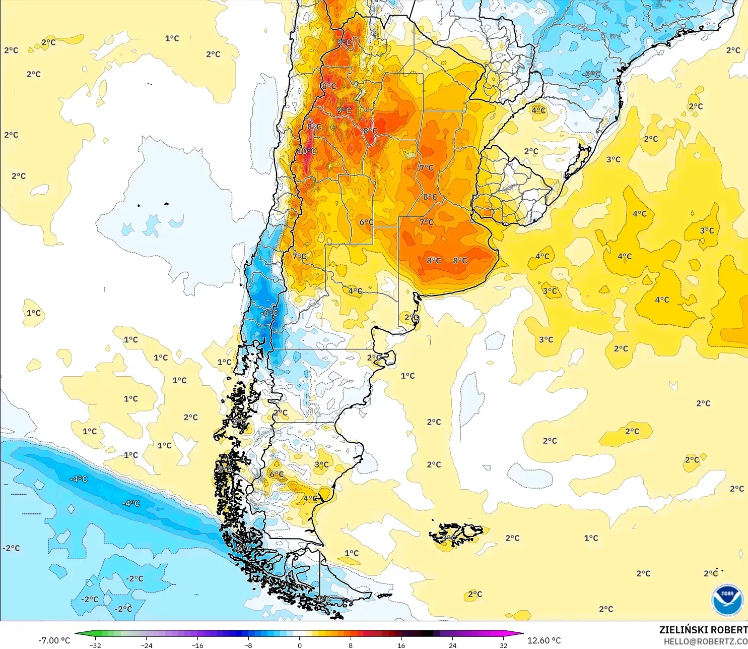 GFS model - Argentina, Temperature at 2m Anomaly
